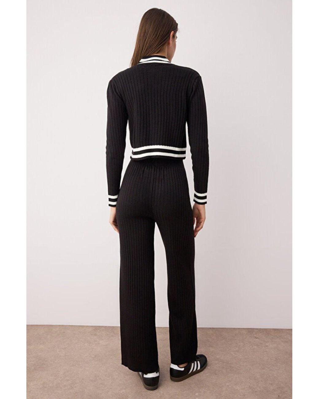WOVCOR Black 2-Piece Set Zip-Up Knit Cardigan & Wide Leg Pants