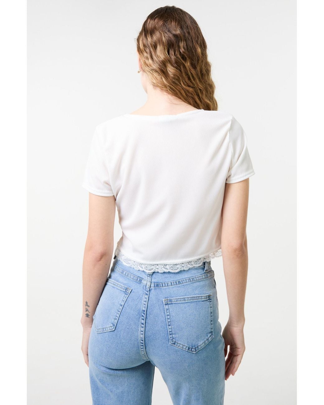 Pink Vanilla White Ribbed Lace Tie Front Top