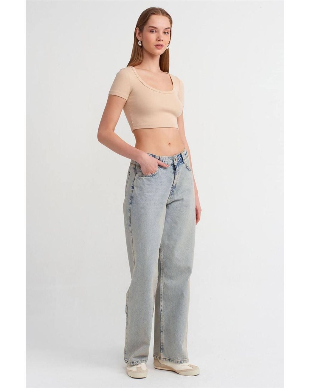 Dilvin Blue Ribbed Crop T-Shirt