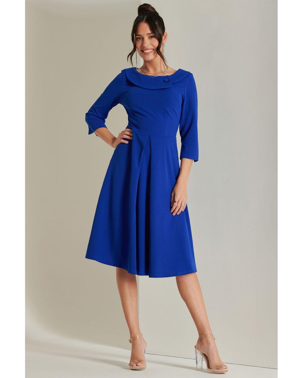 Jolie Moi Blue Fold Neckline Sleeved Midi Dress