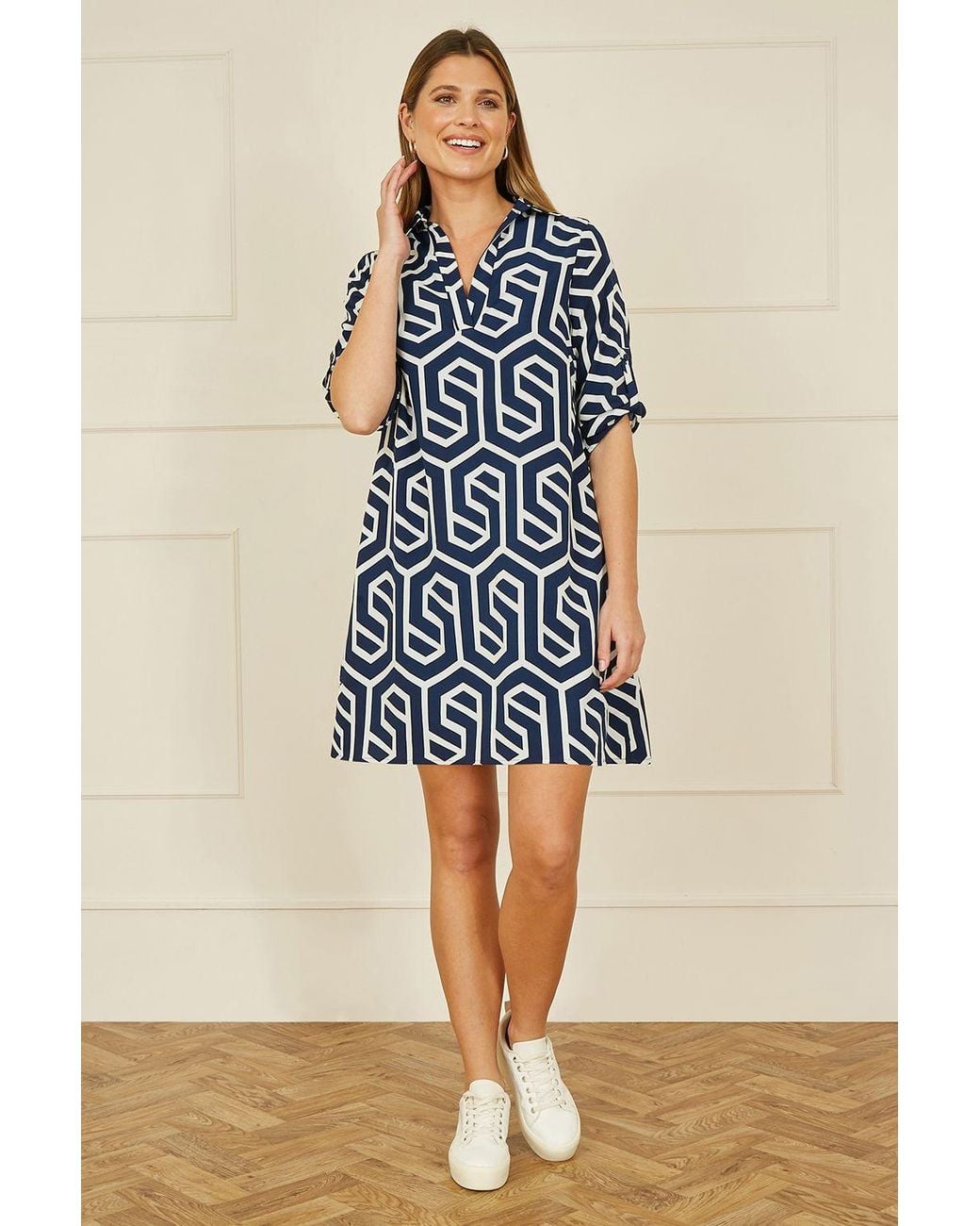 Yumi' Blue Geo Print Tunic With Pockets