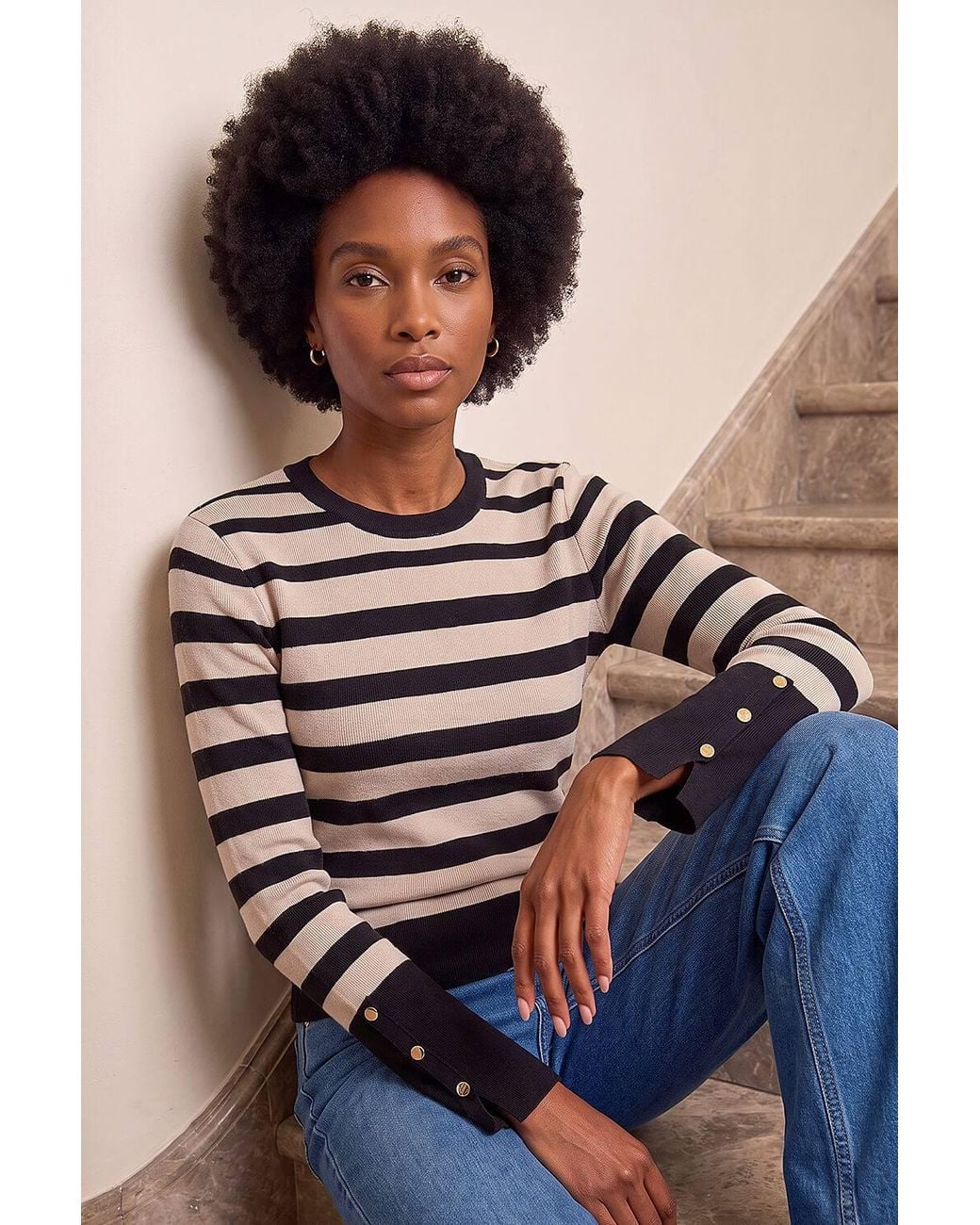 Roman White Stripe Button Detail Knit Jumper