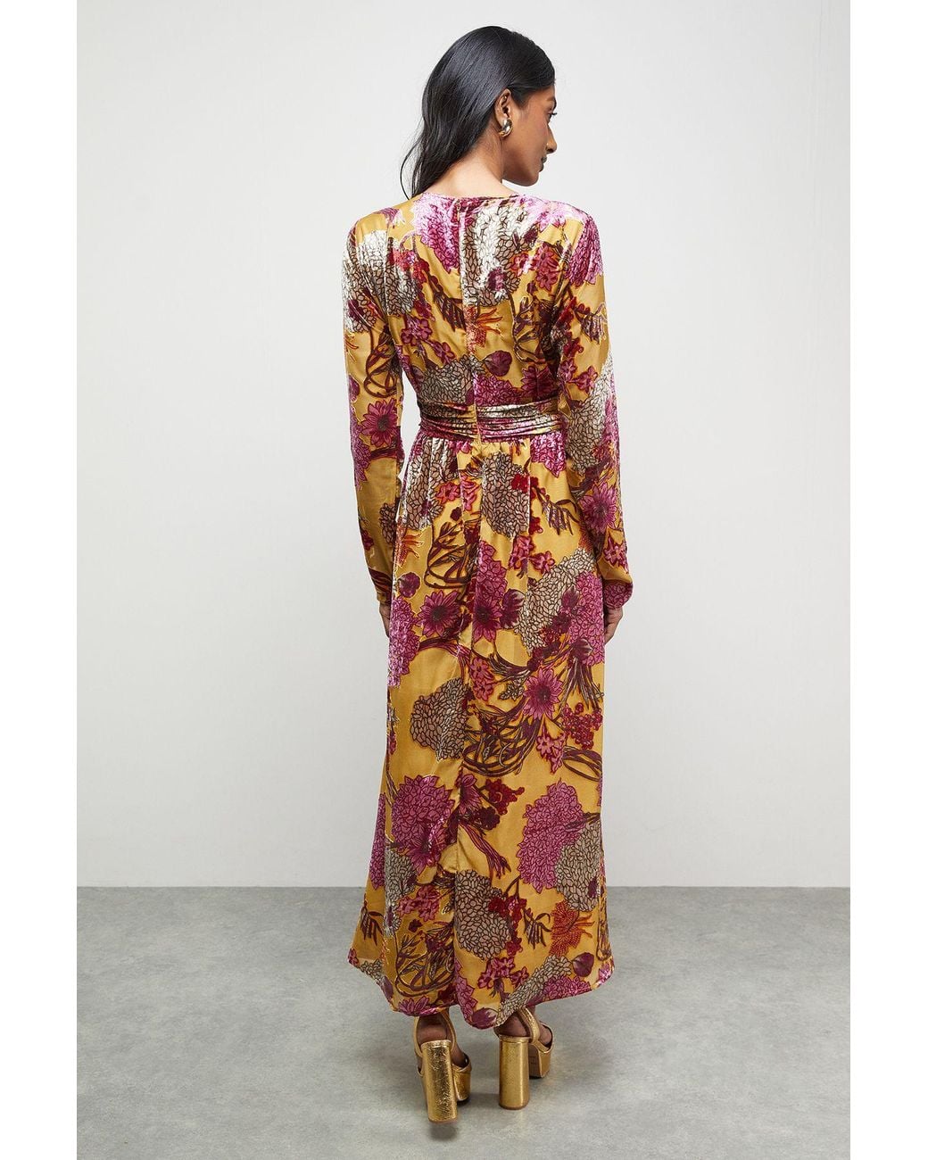 Warehouse Orange Burnout Velvet Plunge Neck Waisted Midi Dress