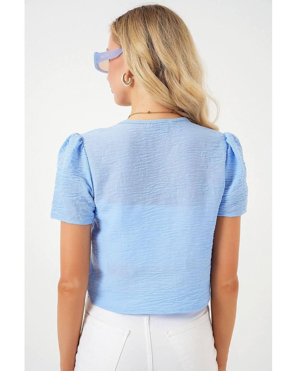 Bigdart Blue Textured V-Neck Linen Blend Crop Top