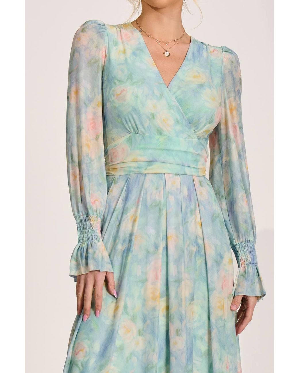 Jolie Moi Blue Long Sleeve V Neck Mesh Maxi Dress