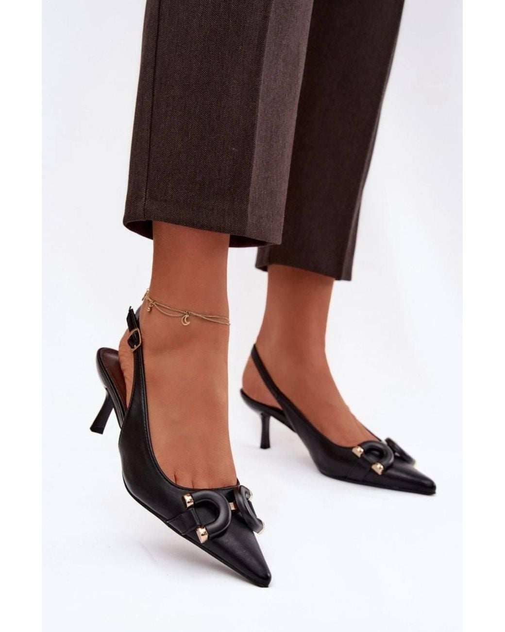 Love Lace Gray Elegant Pointed Toe Heel Sandals With Buckle Strap Detail