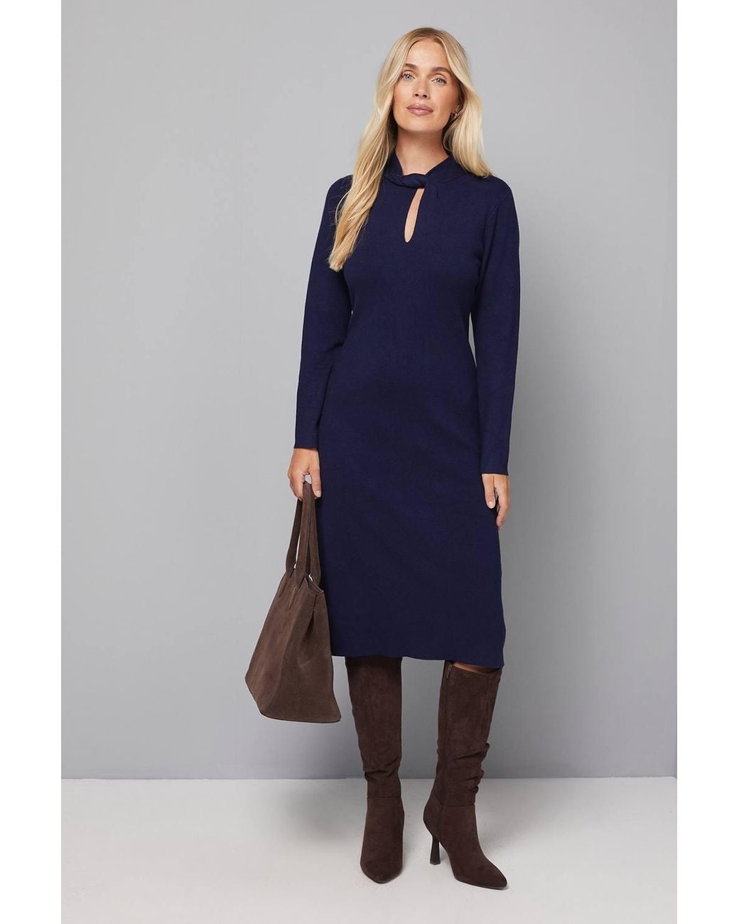 Wallis Blue Petite Twist Neck Keyhole Knitted Dress