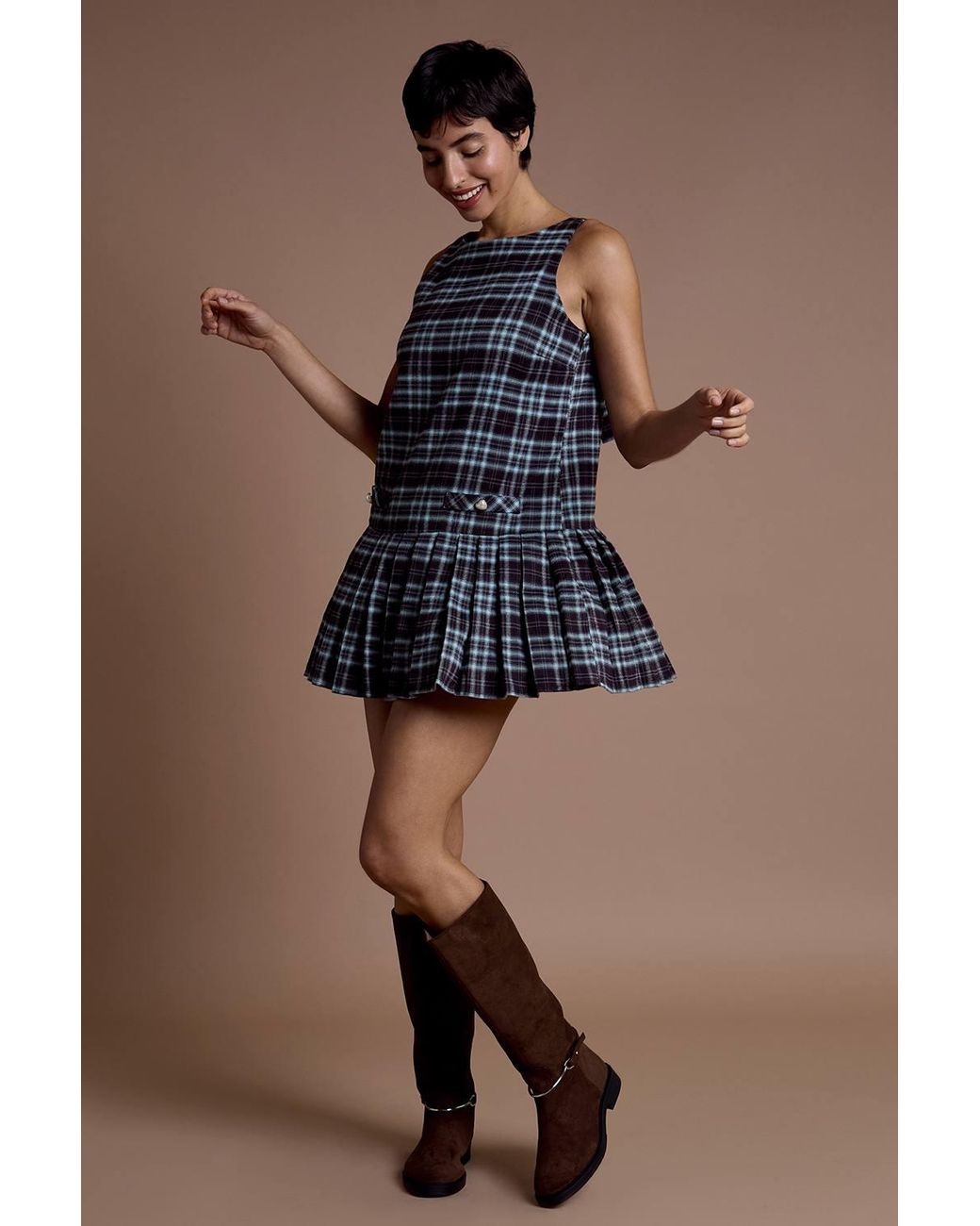 Neon Rose Blue Tartan Check Pleated Mini Pinafore Dress