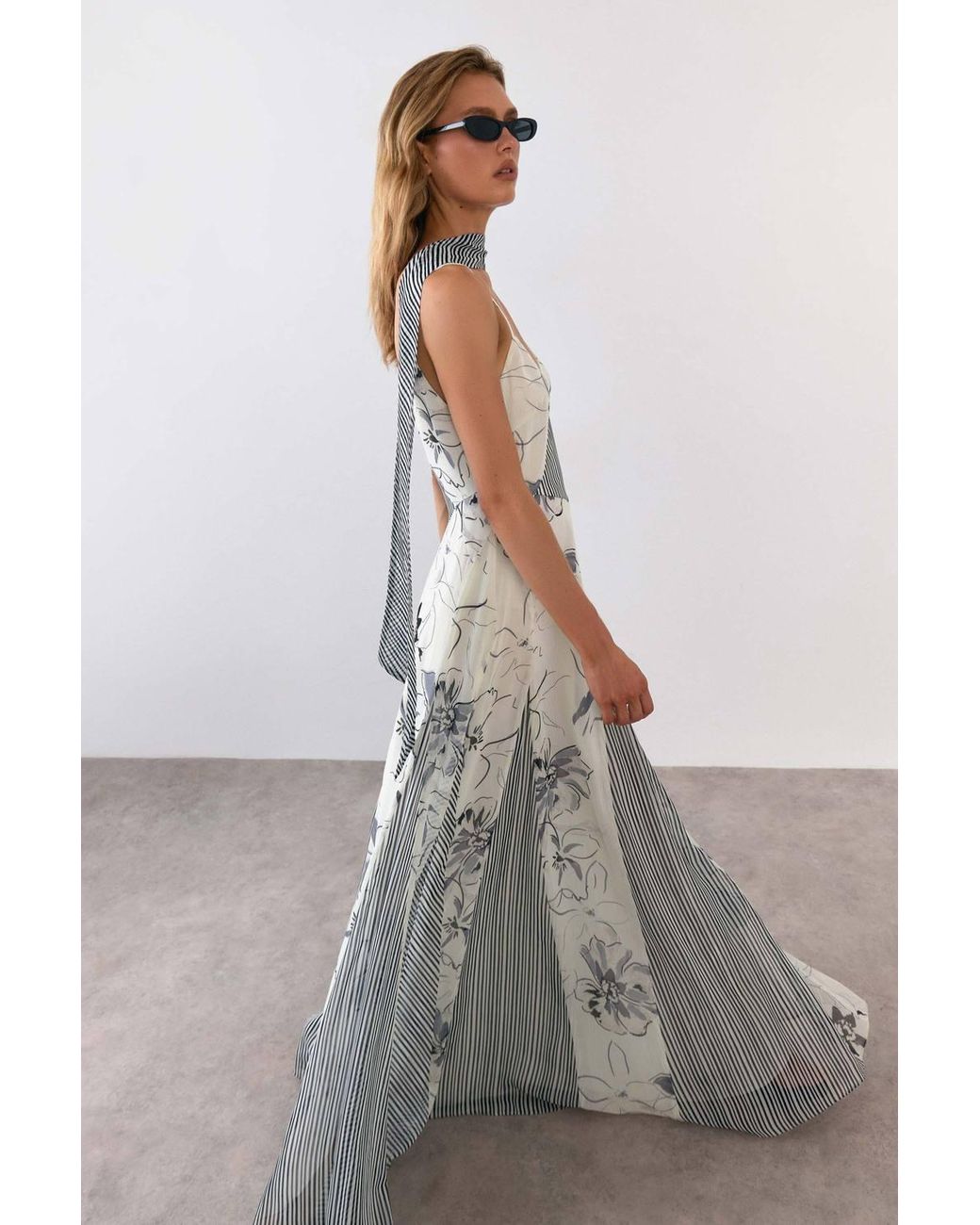 Warehouse Gray Print Mix Tie Neck Chiffon Panelled Maxi Dress