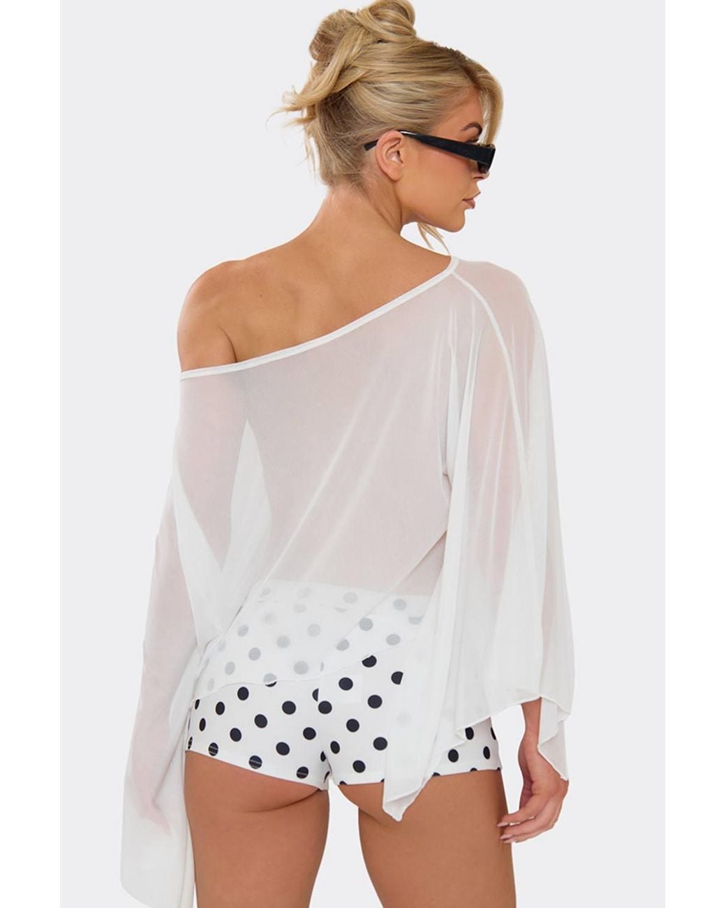 EGO White Long Sleeve Off-The Shoulder Mesh Top