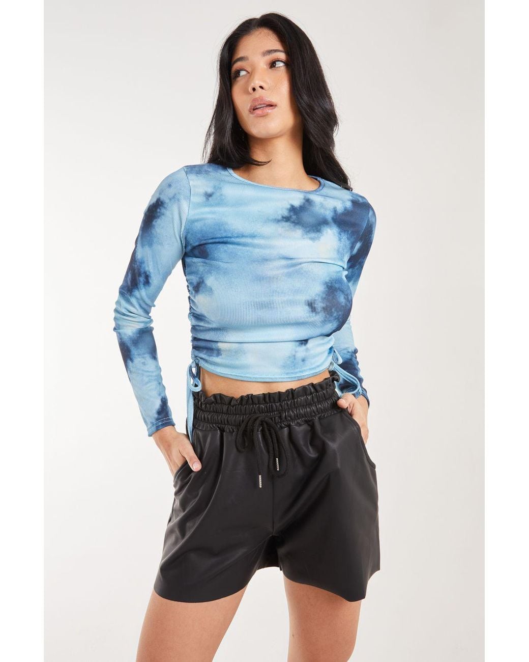 Pink Vanilla Blue Tie Dye Print Long Sleeve Rib Top