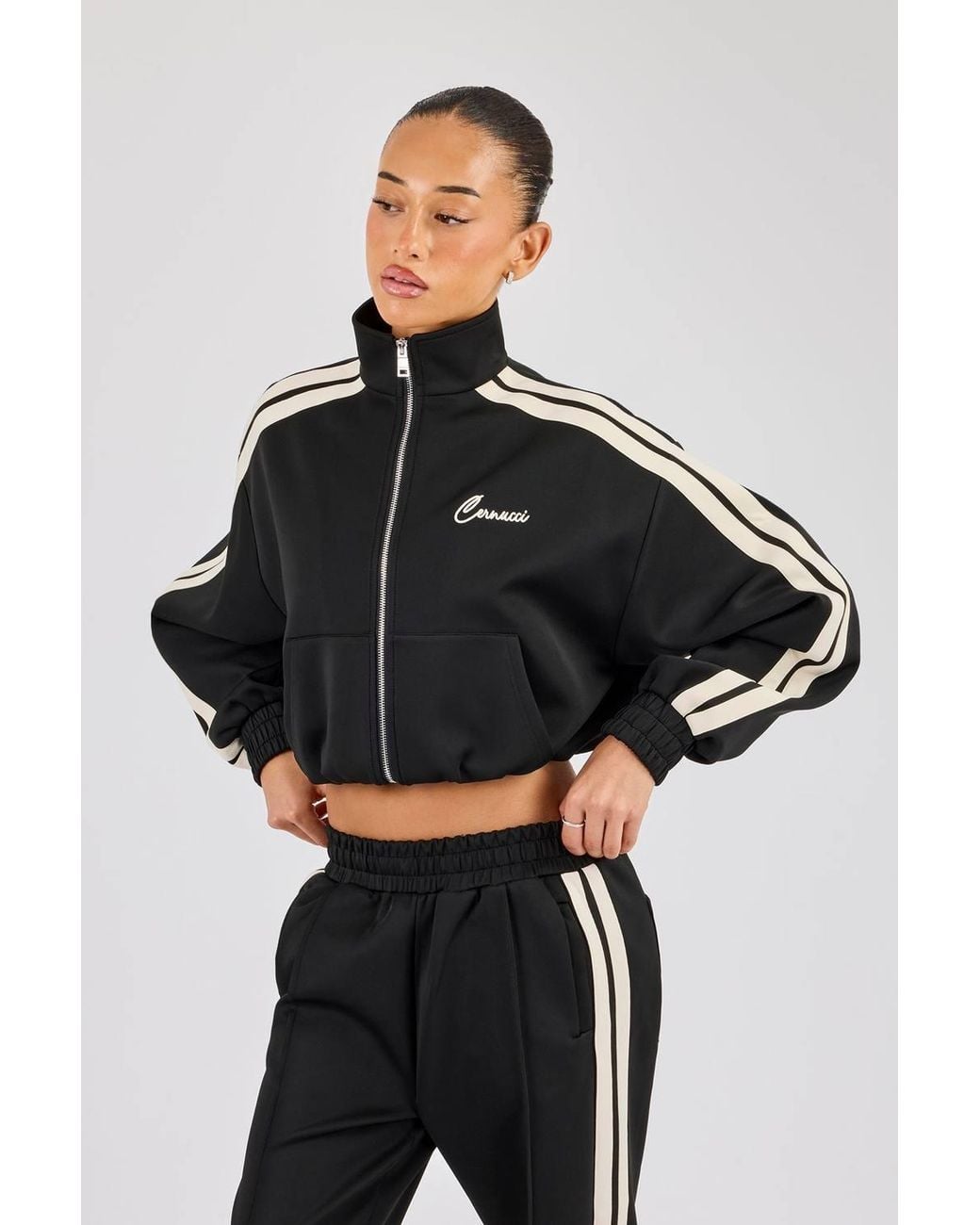 CERNUCCI Black Taping Cropped Funnel Neck Jacket