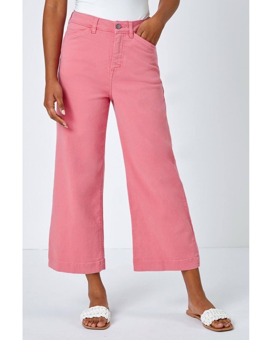 Roman Pink Wide Leg Stretch Denim Cropped Culottes