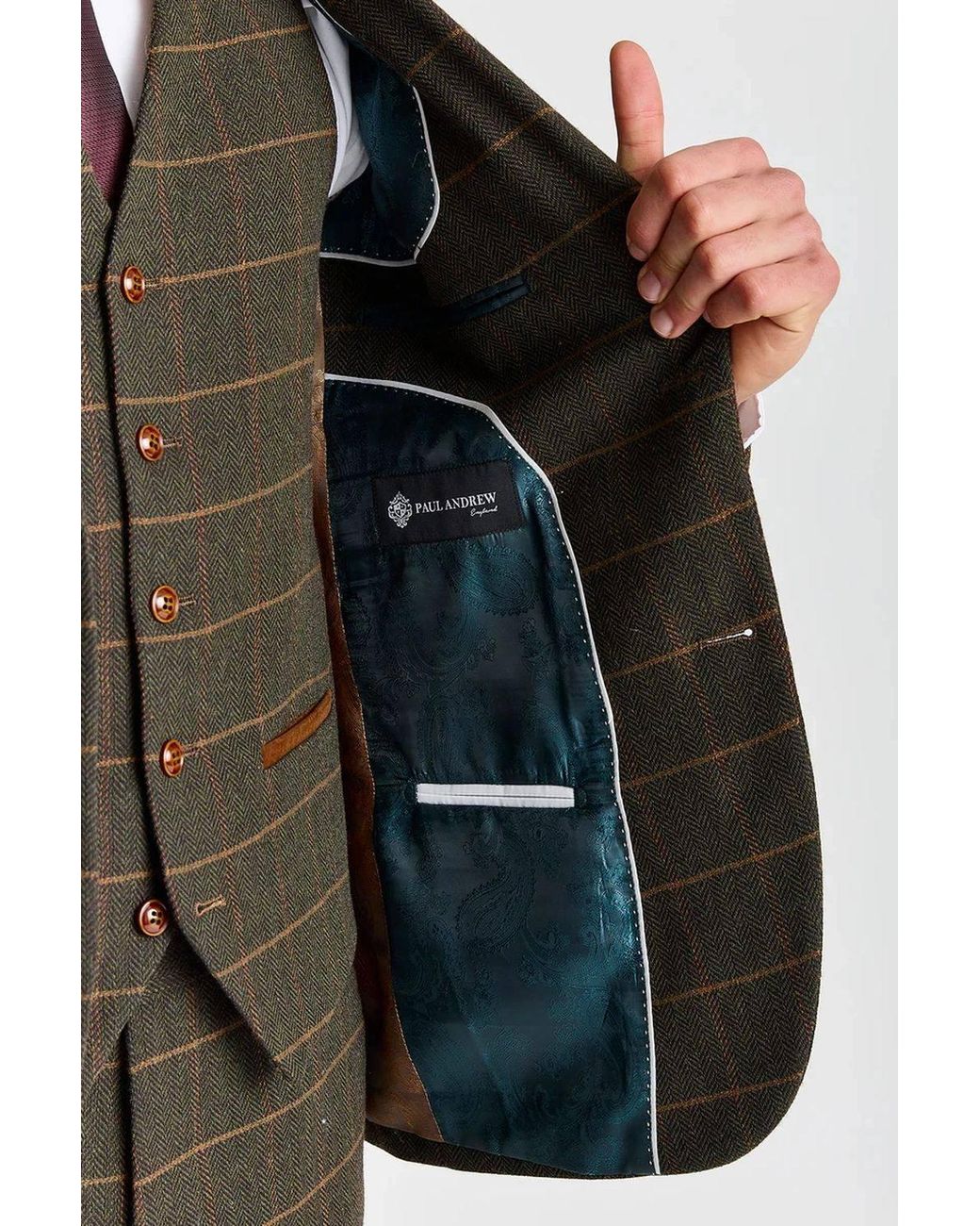 Paul Andrew Gray 3 Piece Herringbone Check Wool Blend Tweed Suit for men