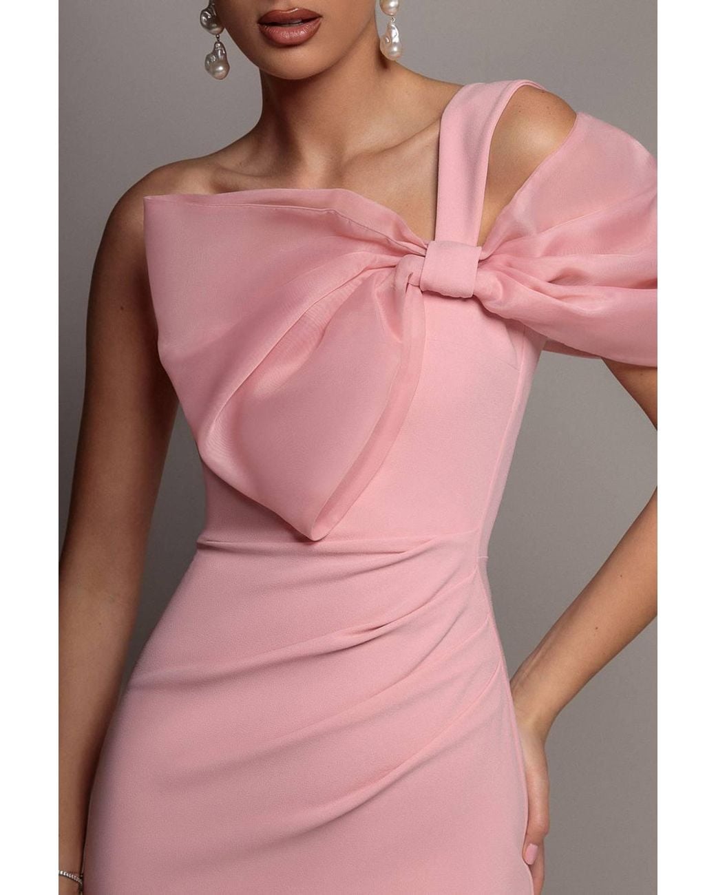 Goddiva Pink Organza Bow One Shoulder Scuba Crepe Maxi Dress