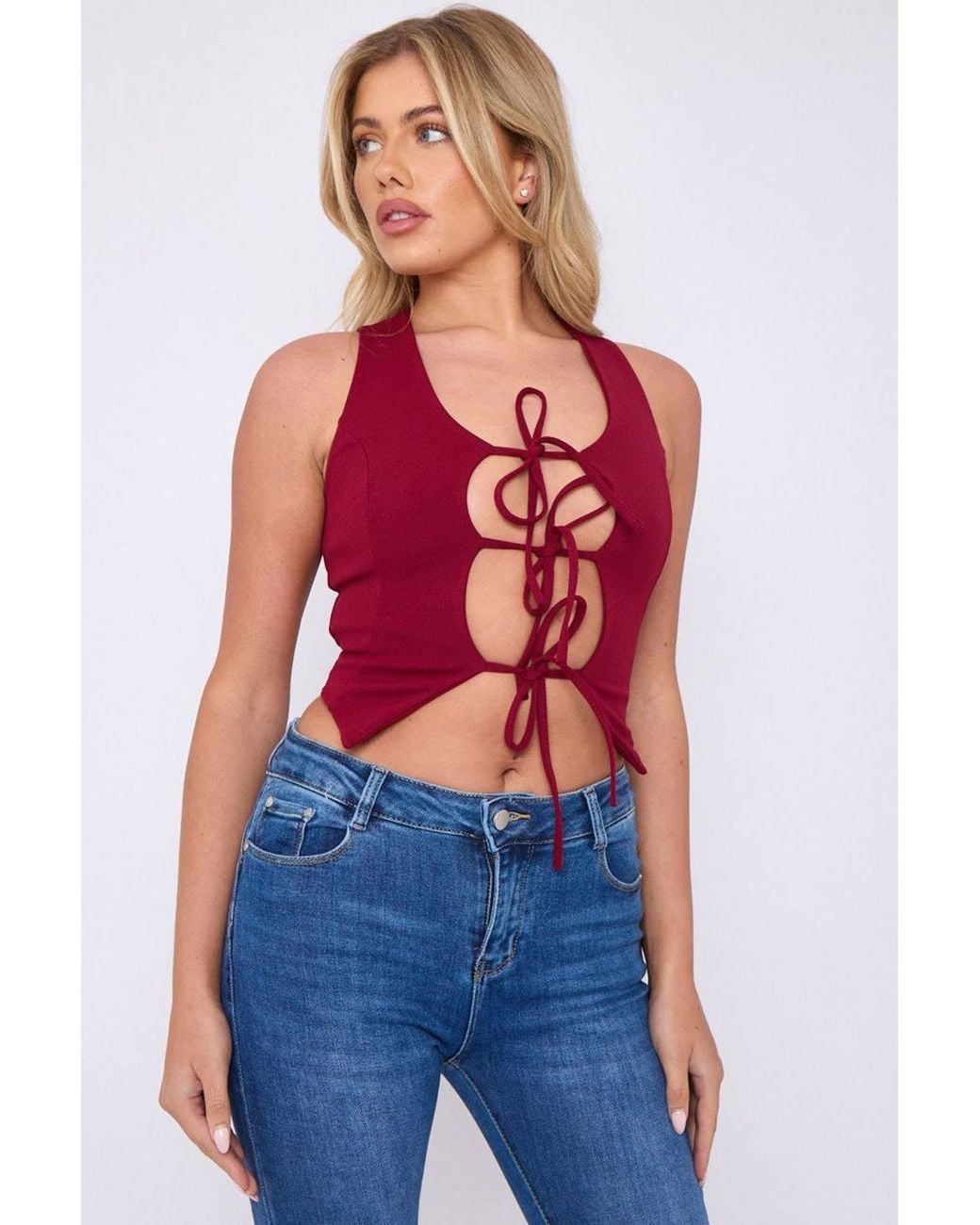 Stylewise Red Tie Knot Waistcoat Crop Top