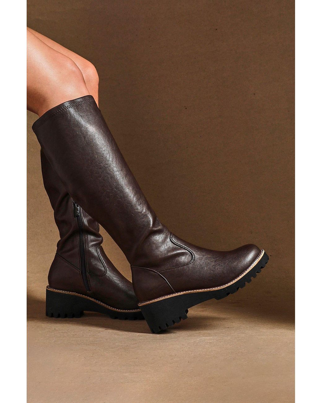 Linzi Black Maintain Wide Fit Faux Leather Stretch High Leg Wedge Boot