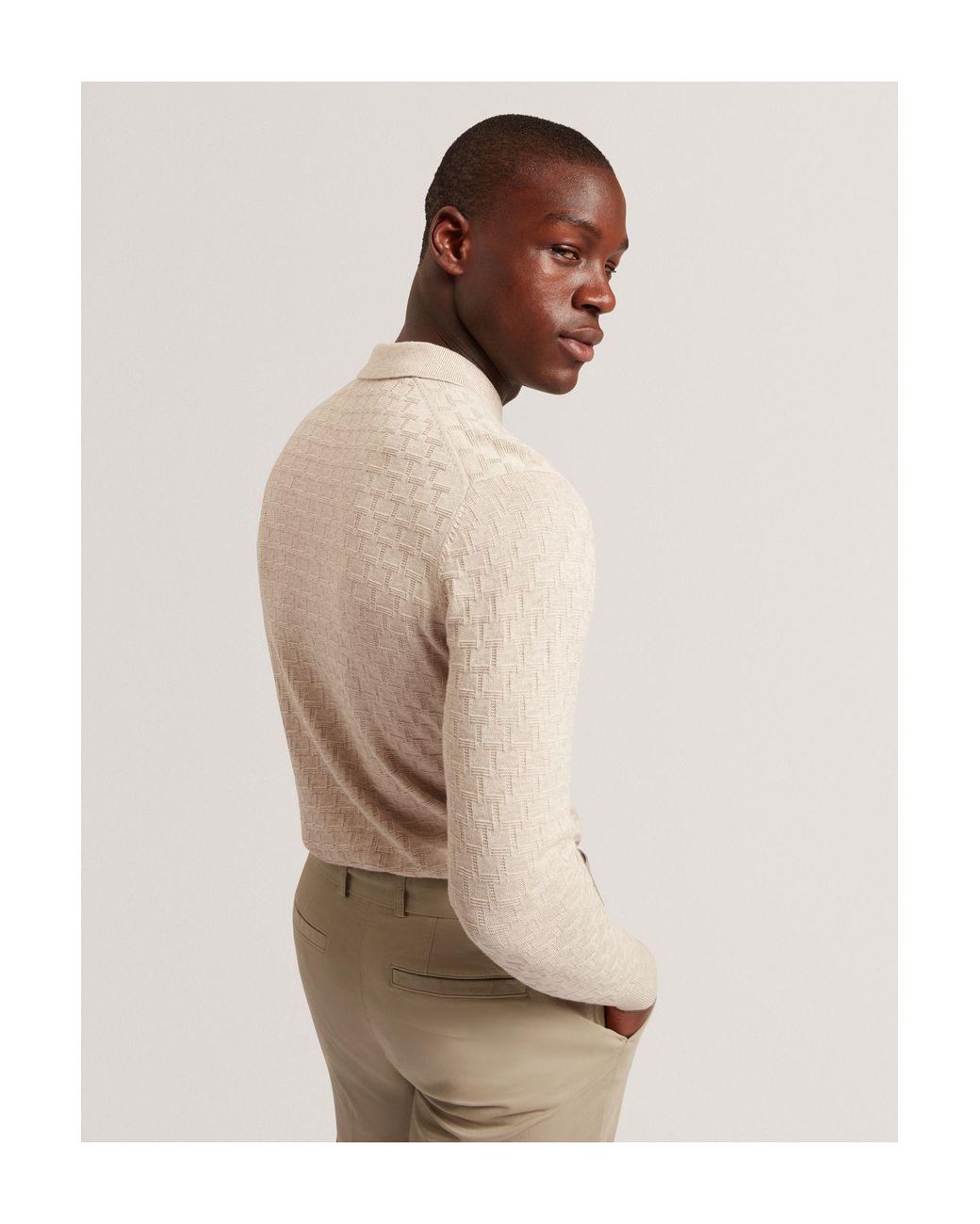 Ted Baker Natural Gaten Long Sleeve T Stitch Polo Shirt for men