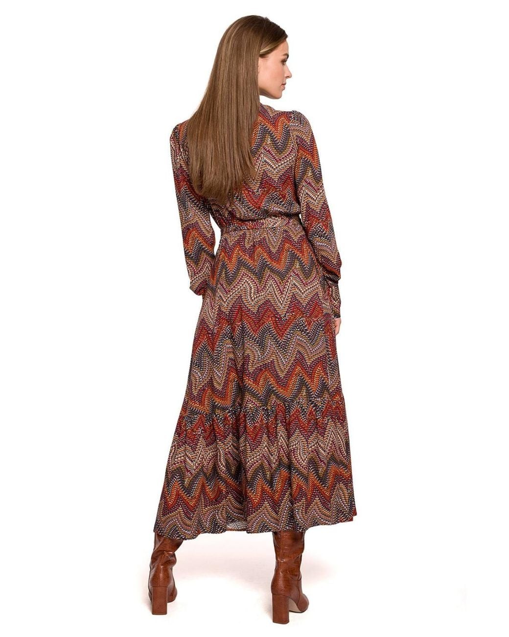 Love Lace Brown Viscose Collared Long Sleeve Dress With Ruffles