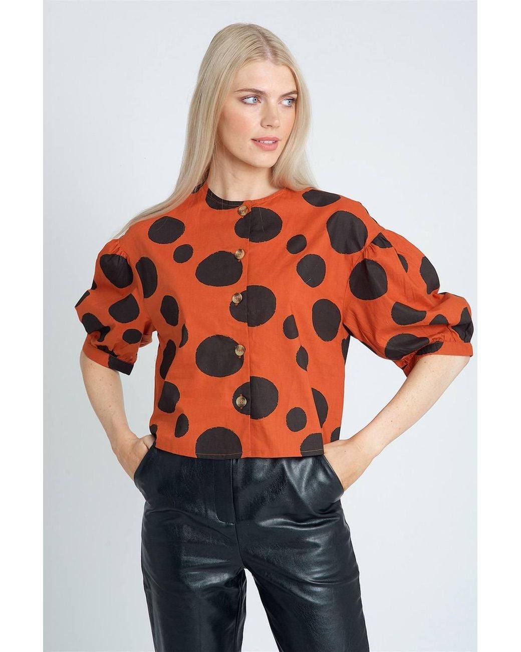 Native Youth Red Polka-Dot Printed Button-Up Puff Sleeve Blouse