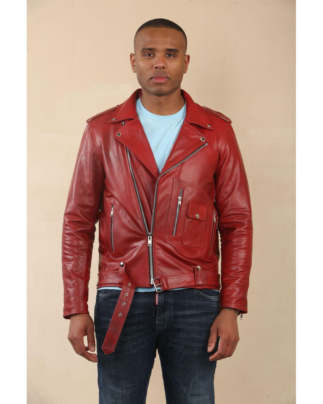 TruClothing Red Cow Hide Biker Brando Cross Zip Leather Jacket for men