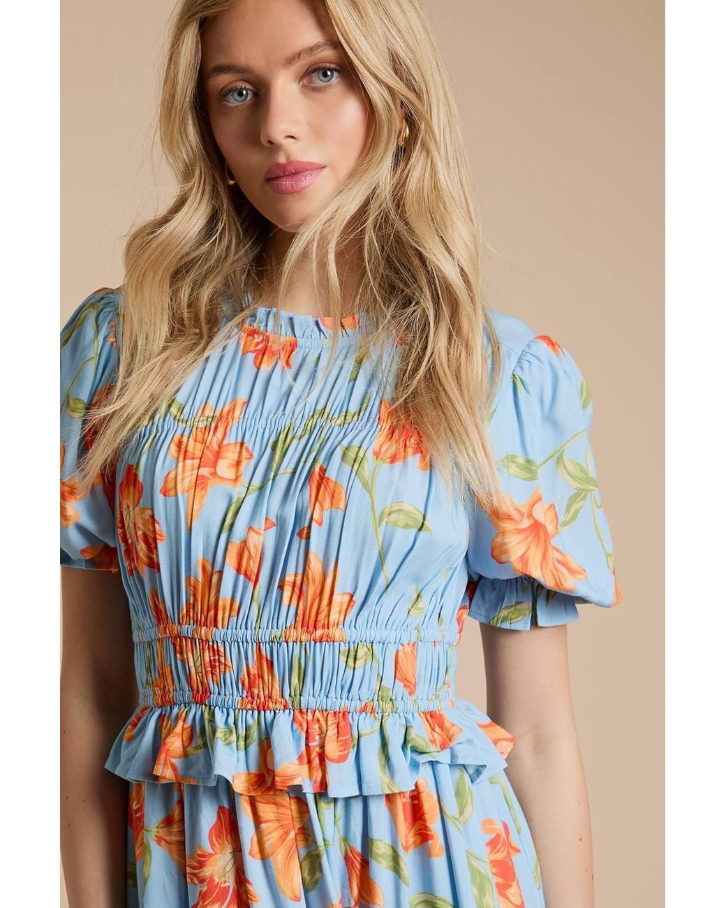 Dorothy Perkins Blue Shirred Bodice Frill Midi Dress