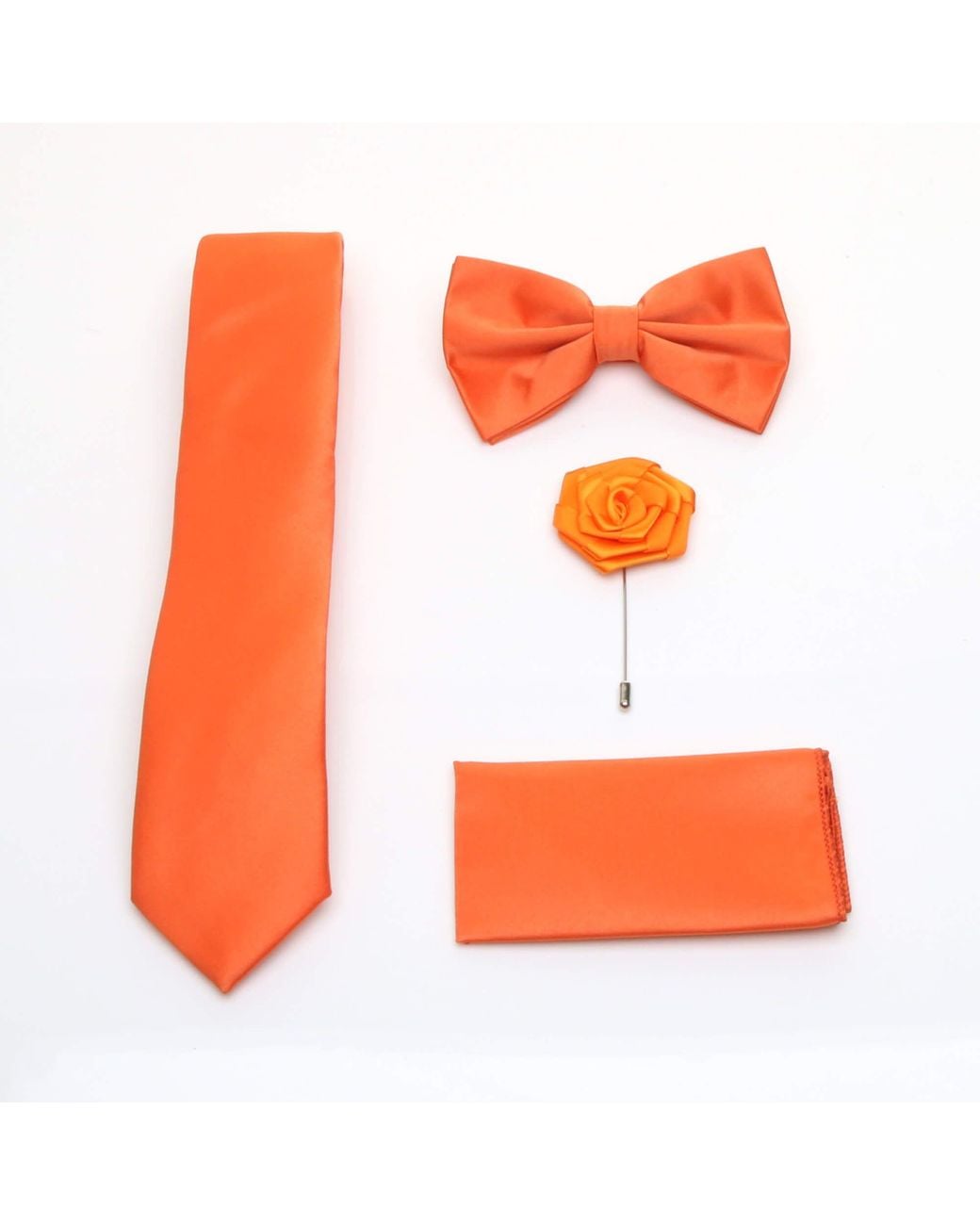 AJVANI Orange Formal Wedding Pocket Square + Bowtie + Flower Buttonhole Pin + Tie Set for men