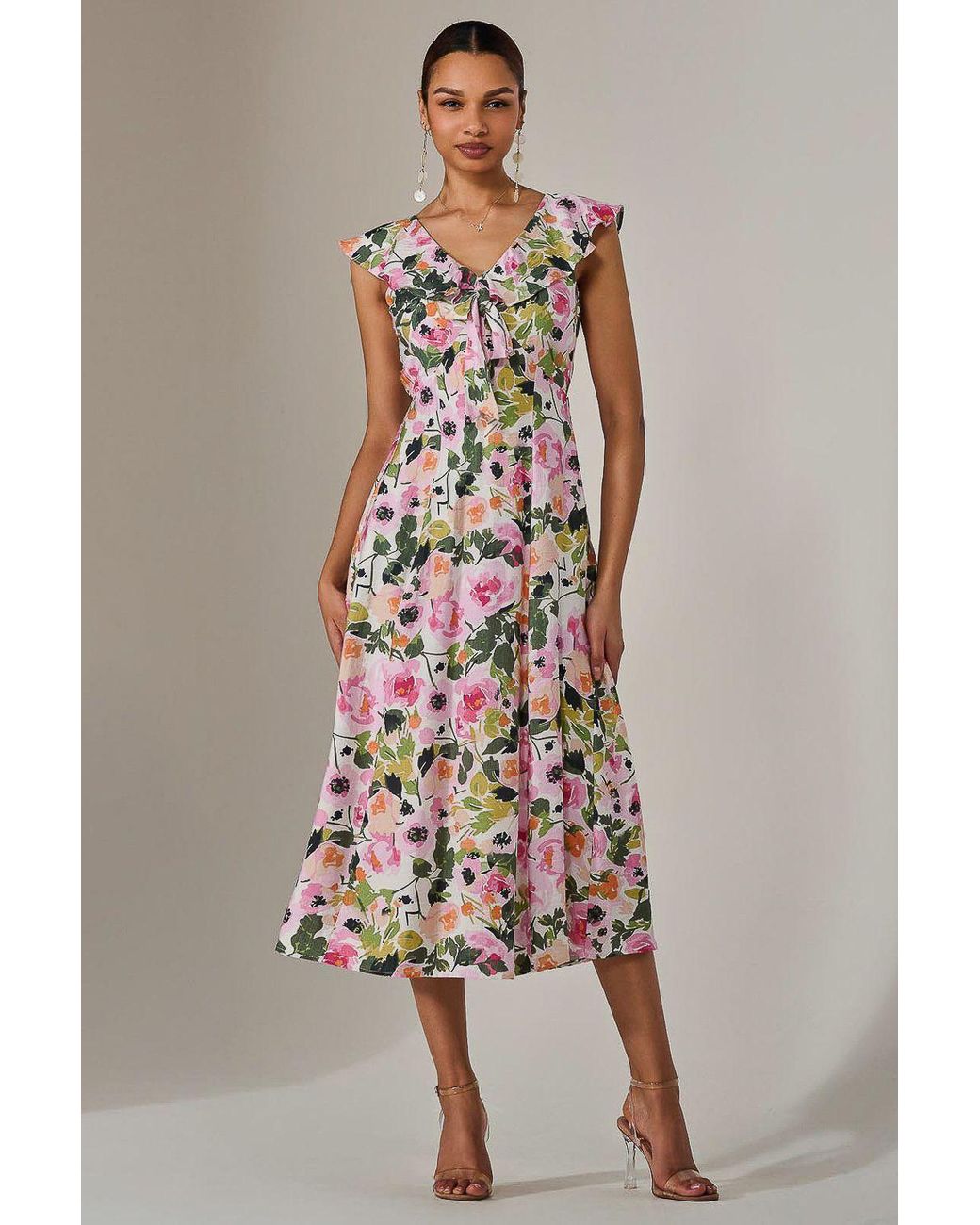 Jolie Moi Multicolor Frill V Neck Midaxi Dress