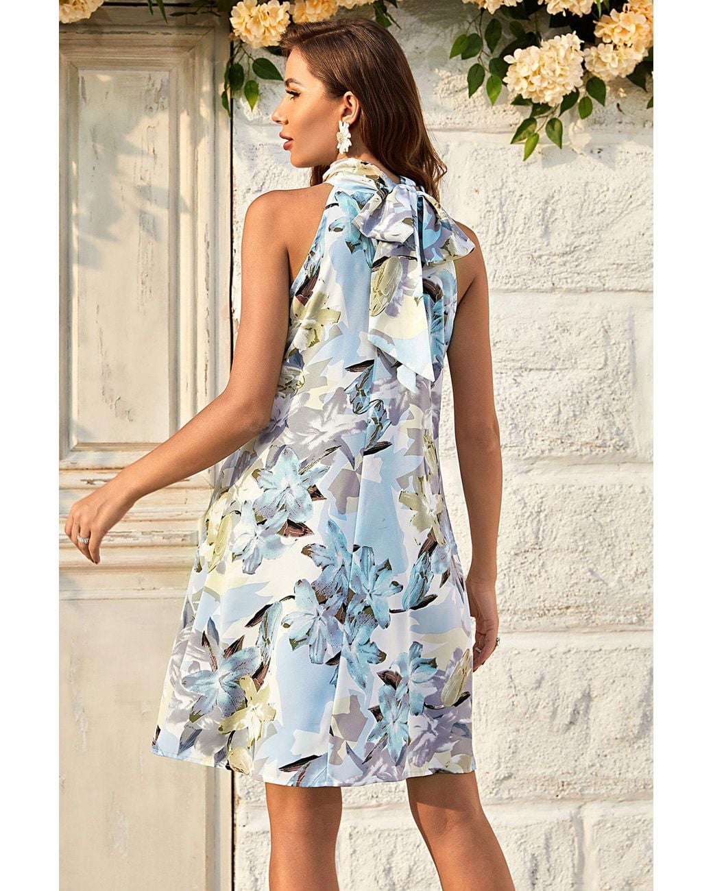 FS Collection Natural Floral Print Halter Neck Tie Back Mini Dress