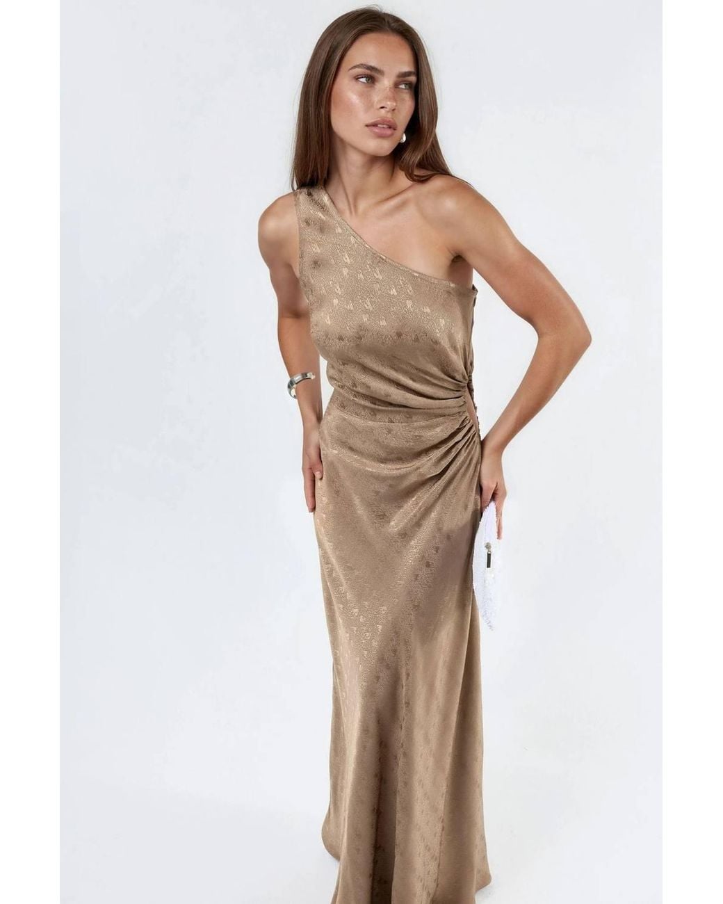Hiccup Brown Patterned One-Shoulder Satin Dress With Cut-Out Detail