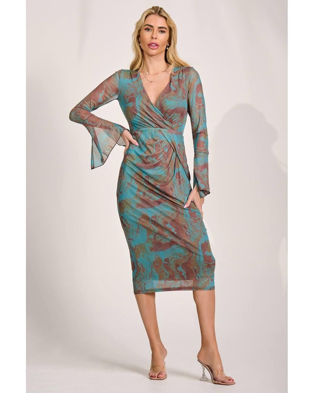Jolie Moi Blue Long Sleeve Mesh Bodycon Dress