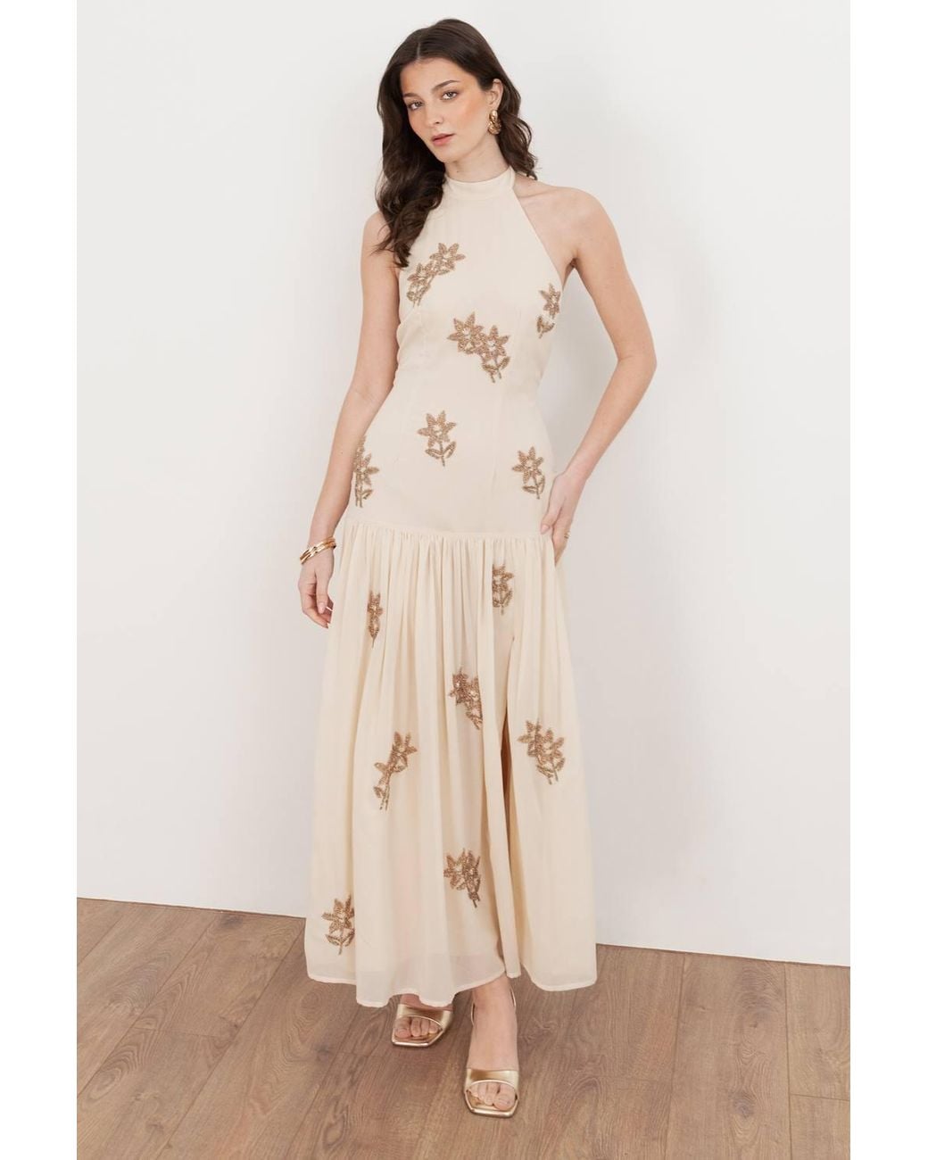 Maya Deluxe Natural Embellished Drop Waist Halter Neck Midaxi Dress