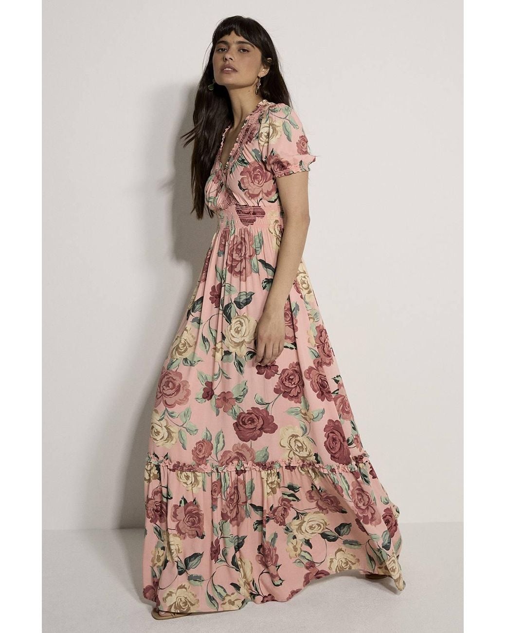 Apricot Brown Floral Wrap Maxi Dress