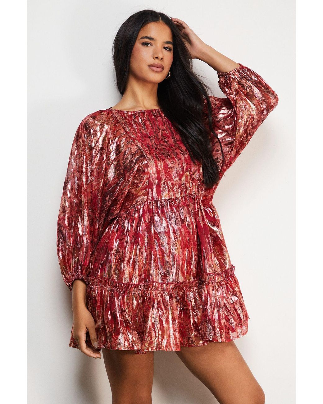 Warehouse Red Metallic Jacquard Volume Sleeve Mini Dress