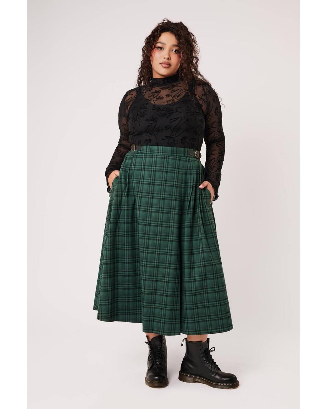 Hell Bunny Green Eden Tartan Faux Leather Strap Midi Skirt