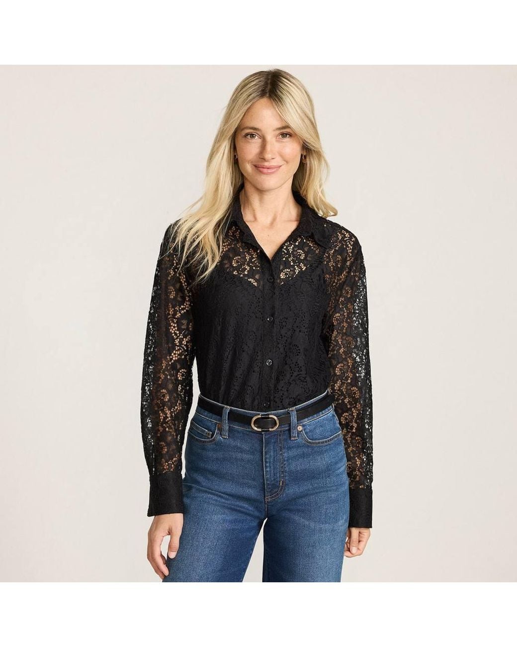 Lands' End Black Petite Lacey Long Sleeve Shirt