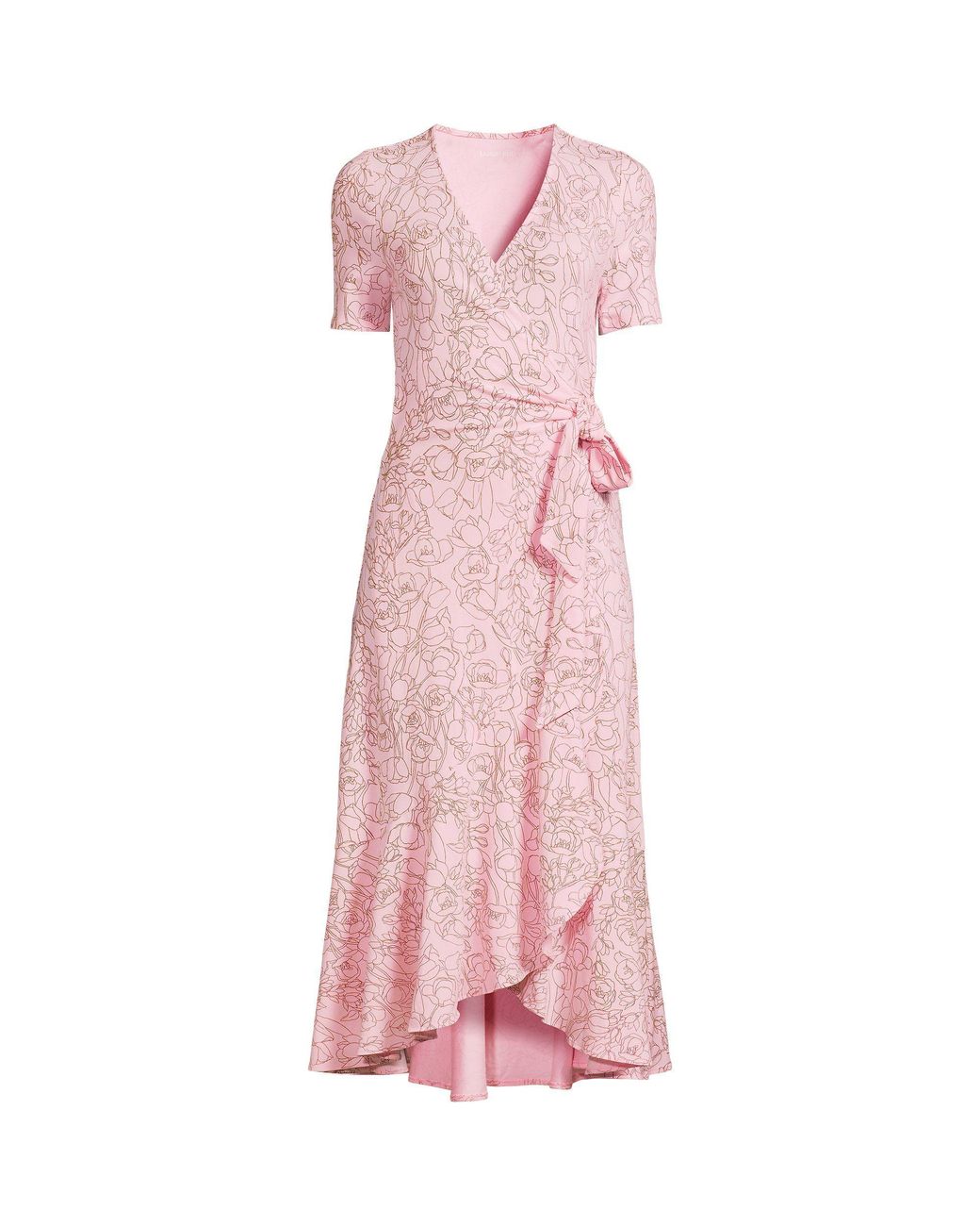 Lands' End Pink Cotton Modal Short Sleeve V-Neck Wrap Dress