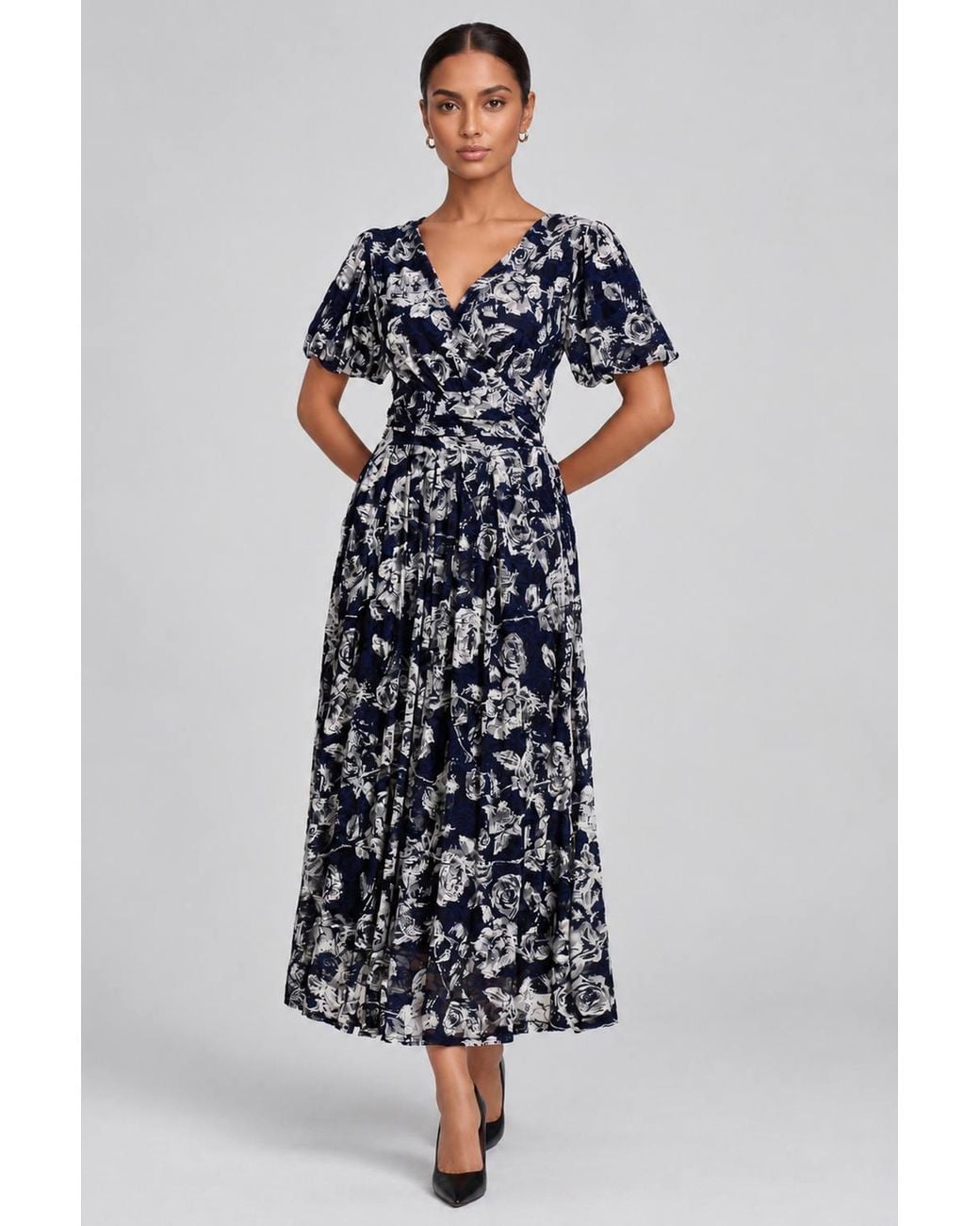 Jolie Moi White Puff Sleeve Printed Lace Maxi Dress