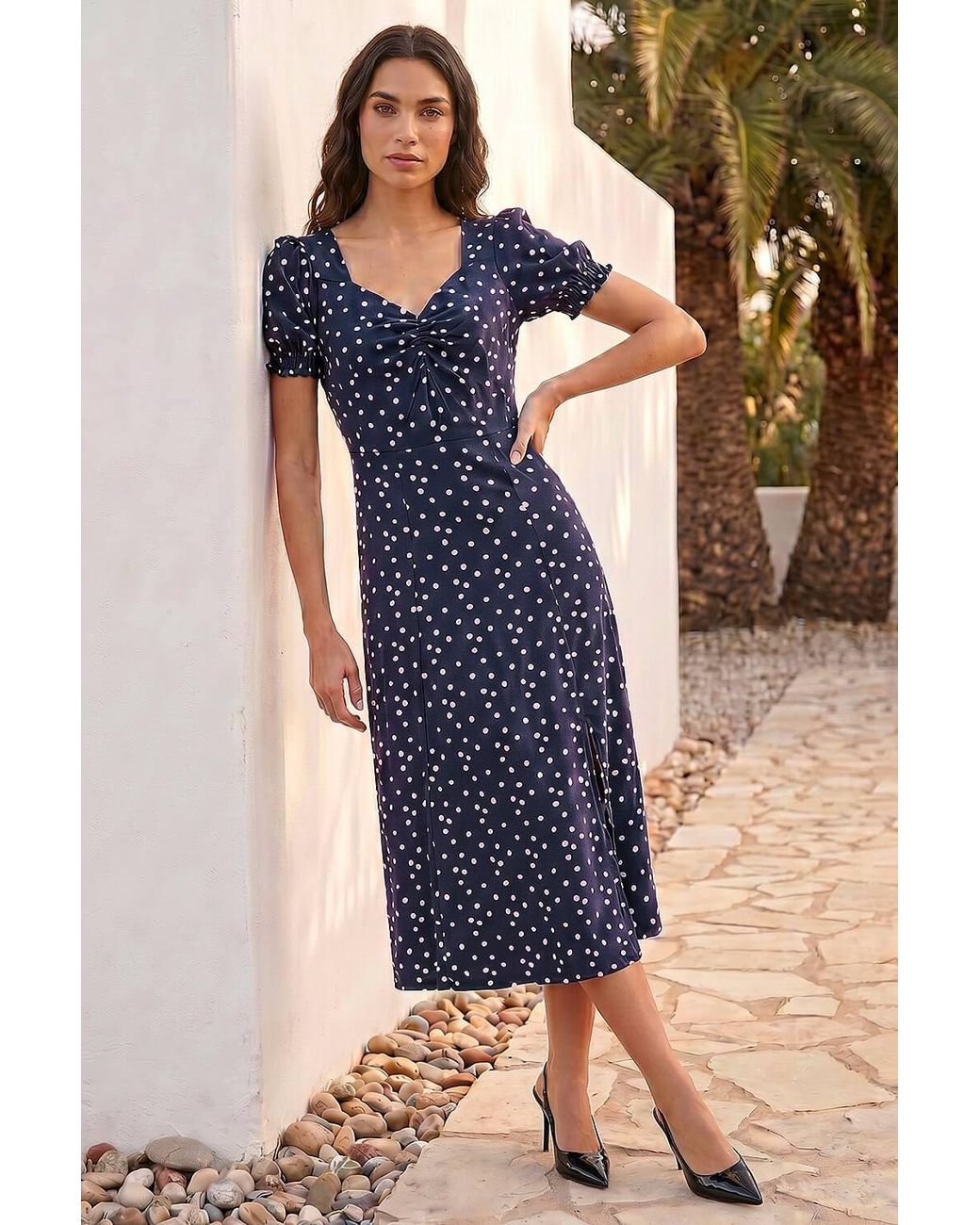 Roman Blue Spotted Sweetheart Stretch Midi Dress