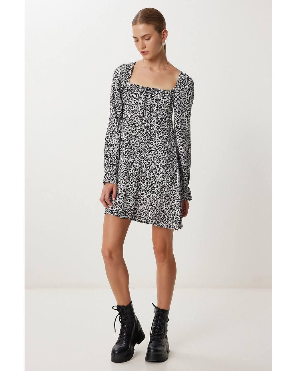 Happiness İstanbul Gray Leopard Print A-Line Mini Dress With Tie Detail