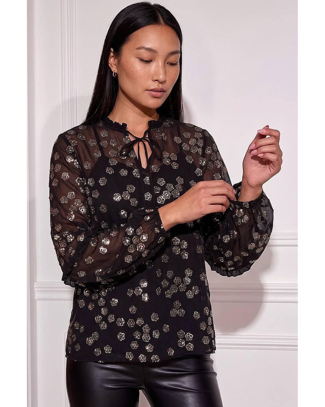 Roman Black Floral Sequin Tie Neck Top