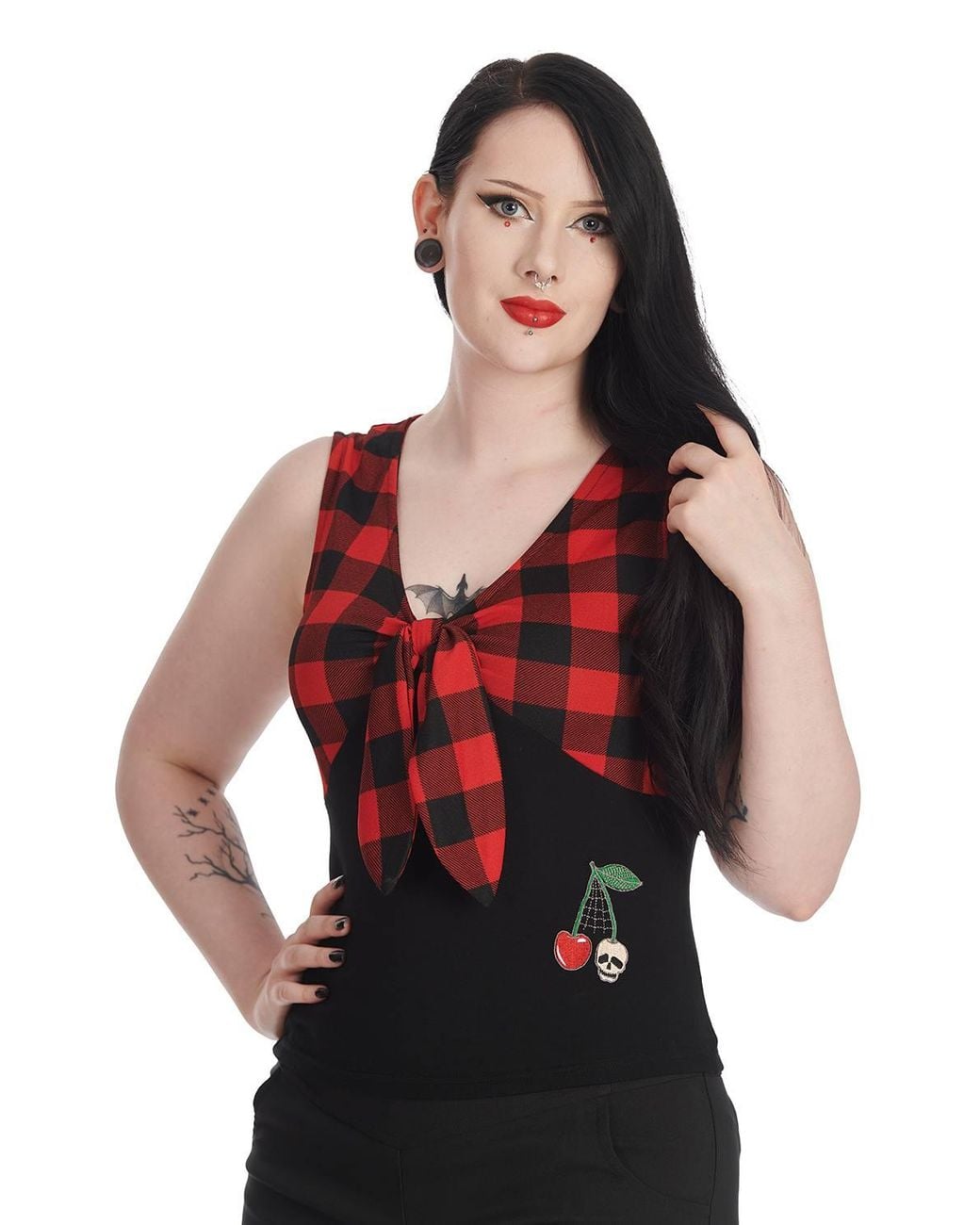 Banned Retro Red Check & Cherry Skull Top