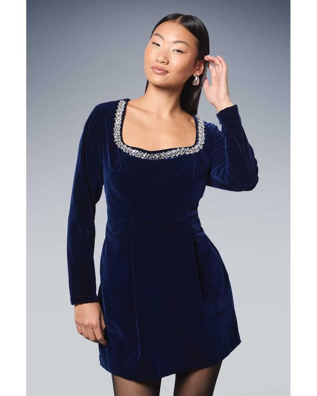 Dorothy Perkins Blue Petite Velvet Embellished Neckline Structured Mini Dress