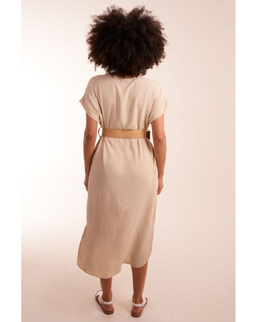 Blue Vanilla Natural Belted V Neck Midi Dress
