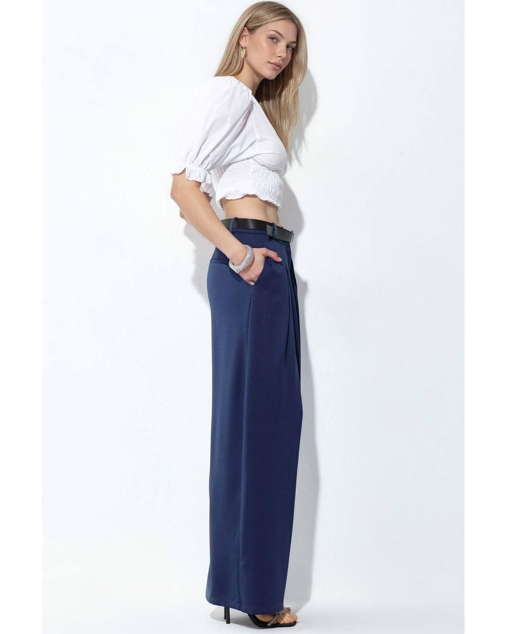 Busem Blue High-Waist Wide-Leg Crepe Trousers With Belt