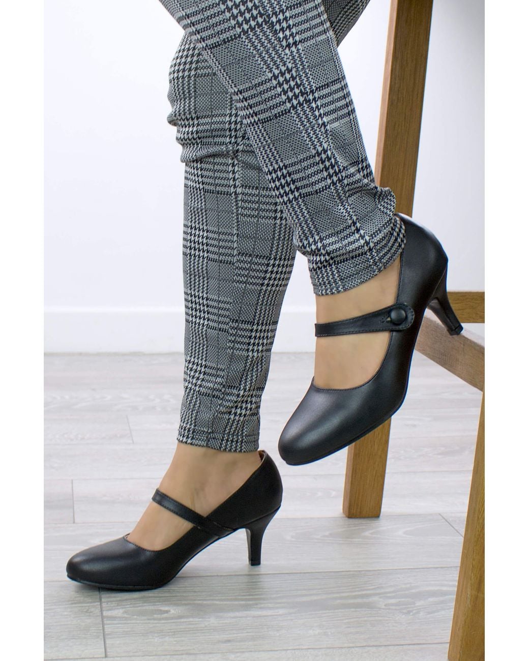AJVANI Gray Mid Heel Elastic Strap Mary Jane Court Shoes