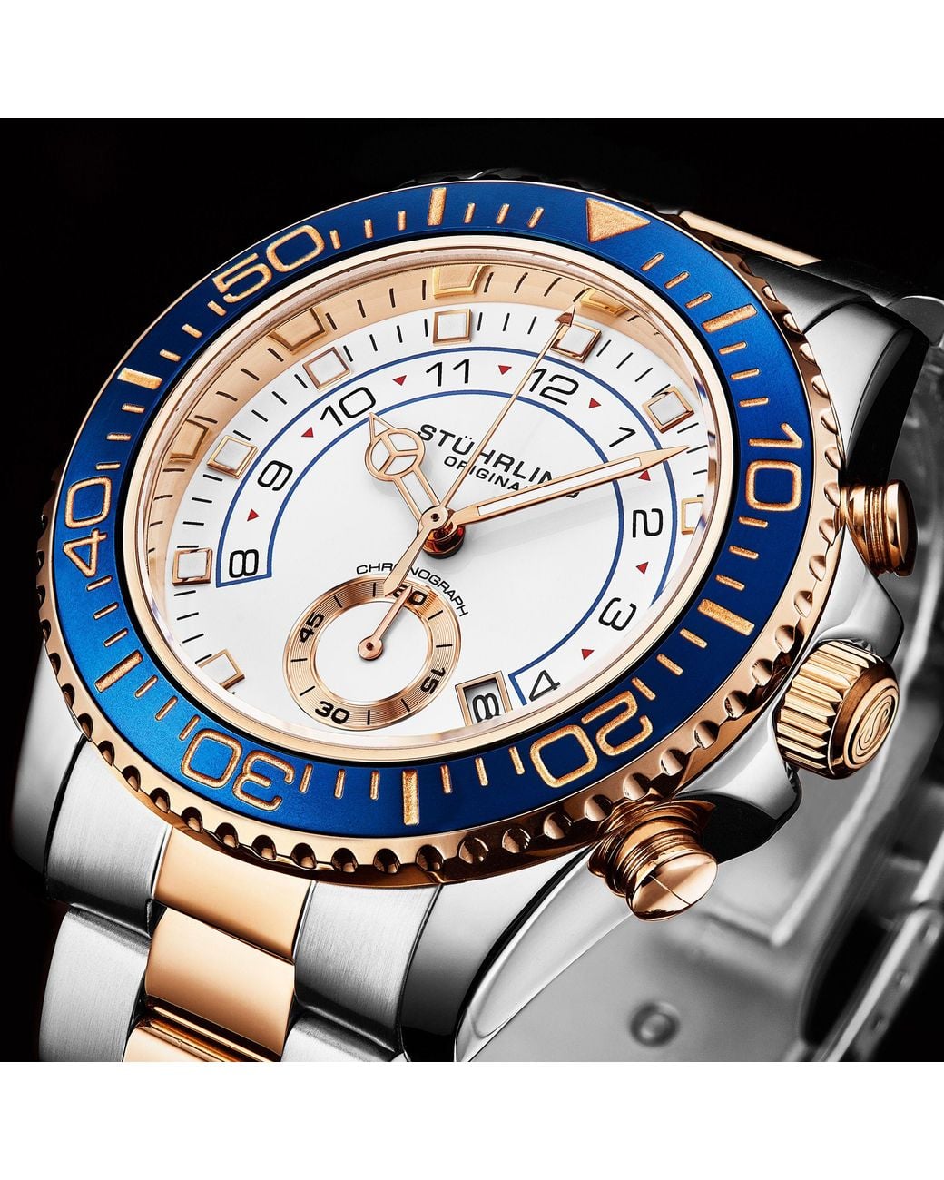 Stuhrling Blue Brigadier Quartz Chronograph 42Mm Diver Watch With Stainless Steel Link Bracelet for men