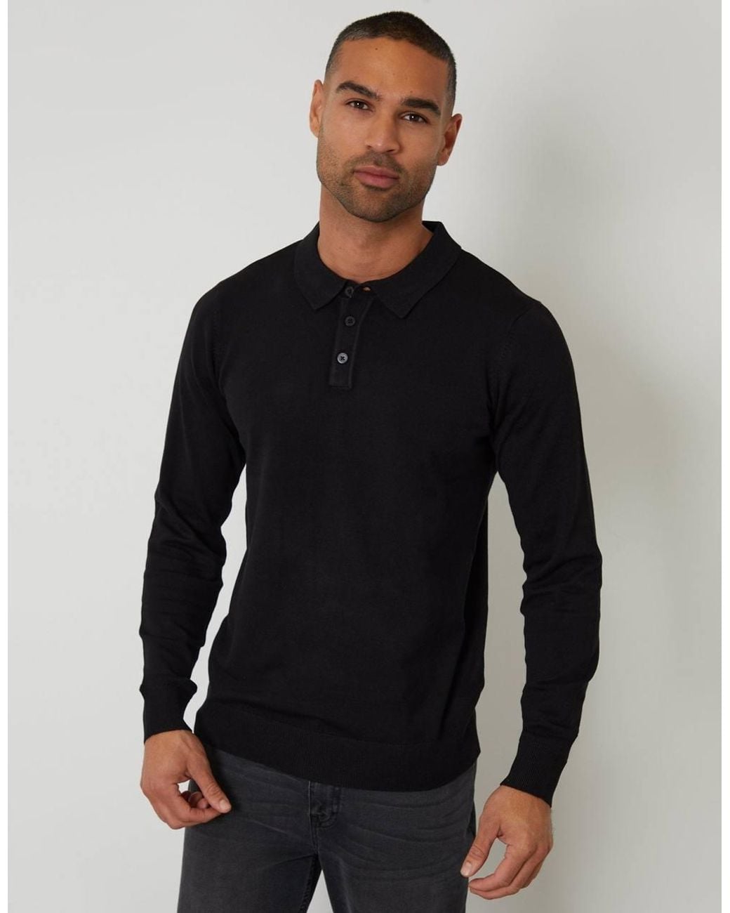Threadbare Black Knitted Long Sleeve Polo Jumper for men