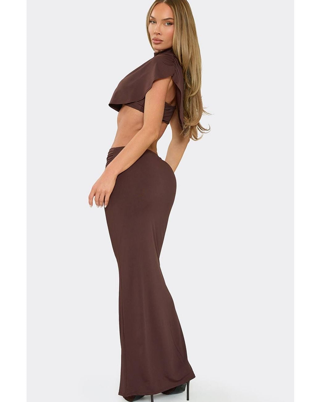 EGO Brown Ruched Low Rise Maxi Skirt