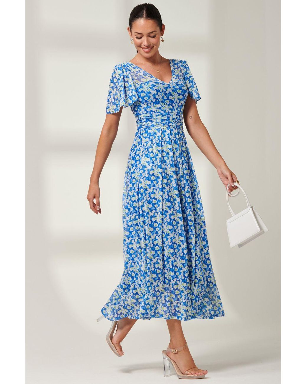 Jolie Moi Blue Bianca V-Neck Pleated Mesh Maxi Dress